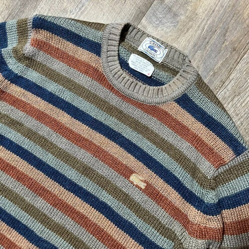 Vintage 90s Izod Lacoste Wool Blend Stripe Knit Sweater Womens Size Medium